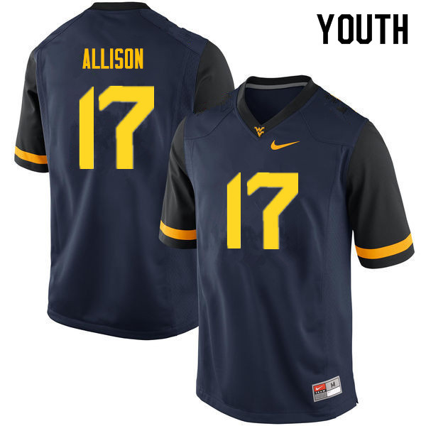 Youth #17 Jack Allison West Virginia Mountaineers College Football Jerseys Sale-Navy - Click Image to Close